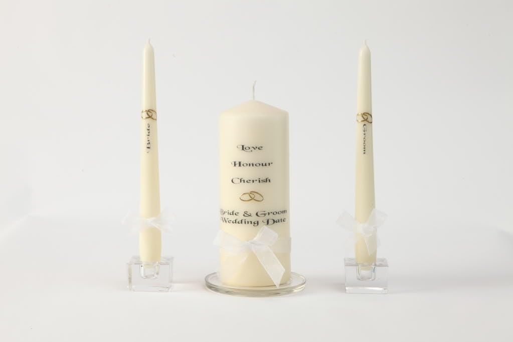 Personalised Unity Candle Set Love Honour Cherish For Wedding (Ivory/Silver Rings)