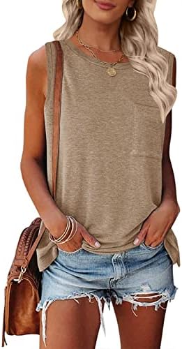 TECREW Women's Summer Sleeveless Crew Neck Tank Tops Casual Basic T Shirts Blouse Khaki