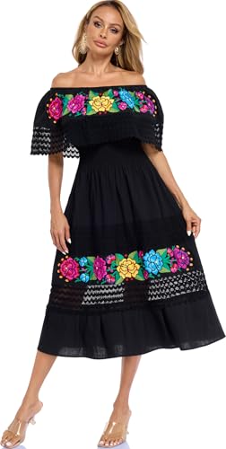 Image of YZXDORWJ Women Embroidered Mexican Peasant Casual Sexy Lace Off-Shoulder Long Dress