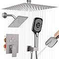 Shower Faucet Set Rainfall Shower System Push Button Diverter Shower Faucet with 4 in 1 Handheld, Ceiling Mount 12 Inch Shower Head and 6 Inch Wall Mount Shower Head