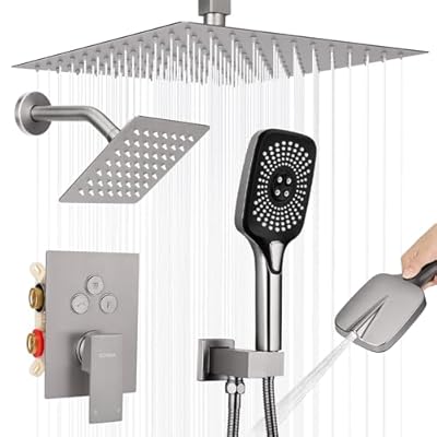 Shower Faucet Set Rainfall Shower System Push Button Diverter Shower Faucet with 4 in 1 Handheld, Ceiling Mount 12 Inch Shower Head and 6 Inch Wall Mount Shower Head