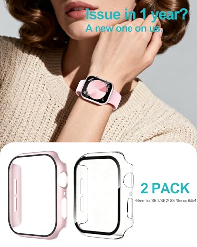 Image of Smiling 2 Pack Case Compatible with Apple Watch Apple Watch SE 3 (2025) / SE 2 / SE /Series 6 /5 /4 44mm with Tempered Glass Screen Protector, Hard PC Case Overall Protective Cover- 1 Pink + 1 Transparent