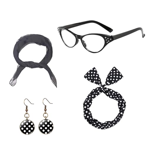 BAIYSFFG Accessori per costumi da donna anni '50, kit per travestimento anni '50, occhiali a pois, bandana, cravatta, fascia, orecchini, per donne e signore, decorazione retrò per feste anni '50,