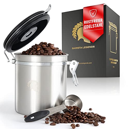 Barista Legends® - Bote de café hermético, 500 g, color plateado, recipiente para la protección del aroma de tu café, recipiente de acero inoxidable con calendario Cover