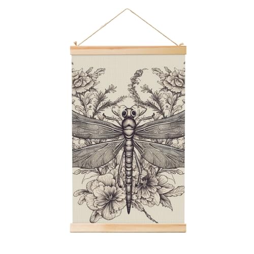 Poster libellule florale vintage en bois - Grand cadre mural suspendu salon
