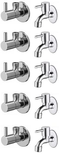 Spazio Stainless Steel Turbo Angle Valve With Bib Cock Combo Pack Foam Flow Water Taps With Wall Flange (Pack of 5) (Chrome Plated, Brass Disc)
