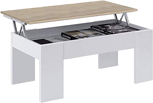 Mobelcenter - Mesa de Centro elevable - Mesa de Centro Blanco Artik y Roble Canadian - Medidas: Ancho: 100 cm x Alto: 45 cm x Fondo: 50 cm - Altura de la Mesa elevada: 54 cm - (0901)
