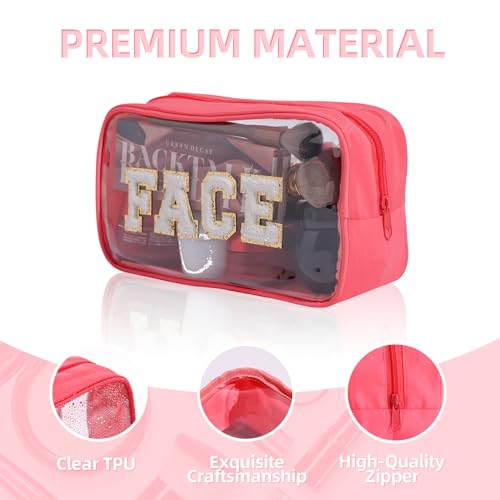 4 Pack Clear Makeup Bags with Chenille Letters, Travel Toiletry Organizer for Hair, Face, Skin, Stuff - Cosmetic Pouch Set for Girls, Kids - Birthday, Graduation, Teacher Gifts, Summer Travel2