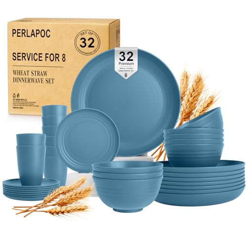 Image of Wheat Straw Dinnerware Sets, 32 PCS Dishes Set for 8, Unbreakable Lightweight Reusable Plates and Bowls Sets for Kitchen Outdoors RV Camping Patio, Dishwasher & Microwave Safe - Blue