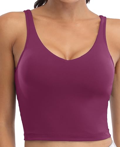 Image of Oalka Sports Bra Womens Longline Padded Crop Yoga Tank Tops | Built in Bras, Workout, Athletic, Fitness, Super Soft, Comfort, Cropped Top, Removable Pads, Heart Neckline For Women