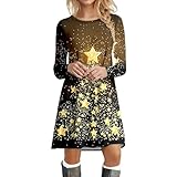 Sommerkleider Damen Freizeitkleid Langarm Weihnachtsdruck Rundhals-Ausschnitt Elegante Partybekleidung 2024 Modetrend Saisonale Festmode Abendkleid Abendkleider für Frauen (3-Gold, L)