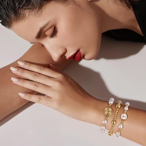 GolbalJew Gold Beaded Bracelets for Women Trendy Non Tarnish Stack Cross Pearl Bracelet Set 14K Gold Plated Catholic Rosary Bracelets Stackable Stretch Jewelry Gifts3