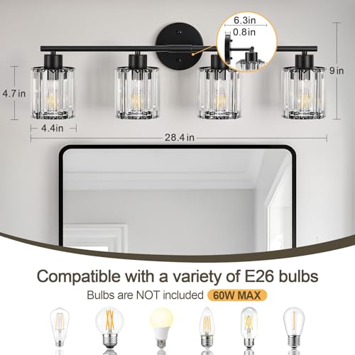 Image of Modern Black Crystal Bathroom Light Fixtures,4-Light | Bathroom Lighting Fixtures over Mirror,Vanity Lights for Mirror, Restroom(Ceramic E26 Socket,Bulbs Not Include)