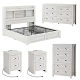 LUXOAK 5-Piece Farmhouse Queen Bedroom Furniture Set, LED Storage Bed Frame with Bookcase Headboard & Charging Station, 6-Drawer Dresser, 5-Drawer Tall Chest, Set of 2 Nightstands, Distressed White