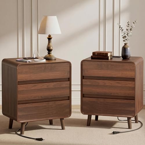 Image of Nasonet 3 Drawer Nightstands Set of 2, Large Night Stand with Charger Station, Wooden Mid Century Modern End Table Bedroom Bed Side Table, Curved Beveled Design, Walnut