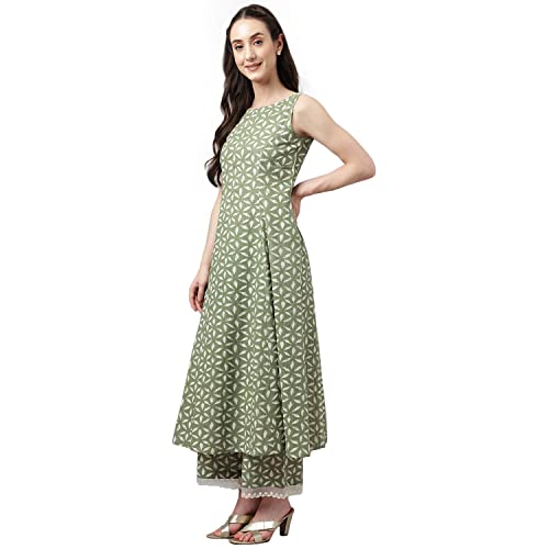 Image of FIORRA Women's Ferm Green Pure Cotton Flared Kurta, Palazzo & Dupatta
