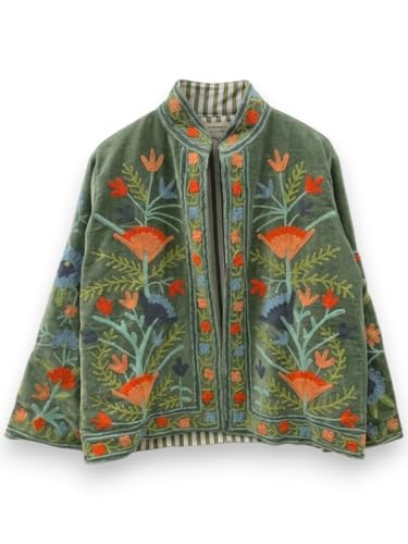 Handmade Suzani Floral Embroidered Velvet Jacket, Green, Boho Open-Front Coat with Striped Lining