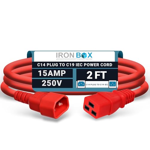 Image of IronBox Electric - Heavy-Duty C14 to C19 Power Cord, 15A, 250V, 14 /3 SJT - IEC60320 PC Cable for Computer Extensions, Monitor, PSU - C14 Male to C19 Female Connector Power Cable - (Red 2 Foot)