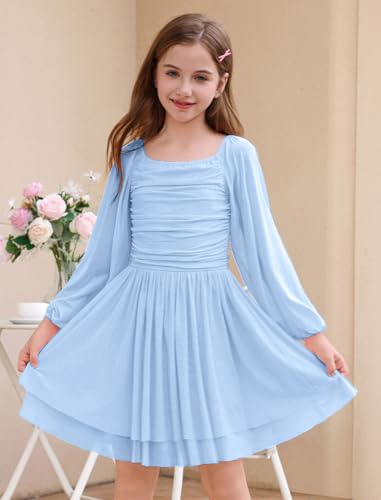 ODIZLI Kids Girls Mesh Long Sleeve Ruched Double Layered Ruffle A Line Party Dress Square Neck Fall Casual Tween Dresses2