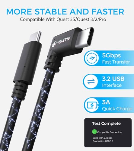 Câble de liaison 16FT pour la recherche de Méta/Oculus 3S/Quest 3/Quest 2/Pro Accessoires, Câble de recharge de remplacement de type C pour transfert de données à grande vitesse, Chargeur rapide USB C à USB C 3.0 Cord pour VR Casque(16FT)
