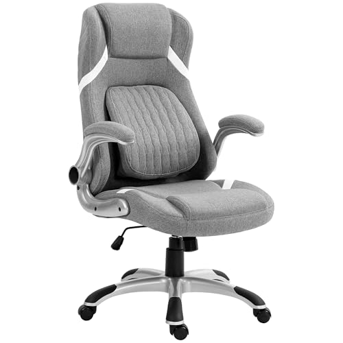 Vinsetto Ergonomic Executive Office Chair, Linen-Look Fabric High Back Computer Desk Chair with Adjustable Lumbar Support, Flip-up Armrests, Rocking Function, Grey
