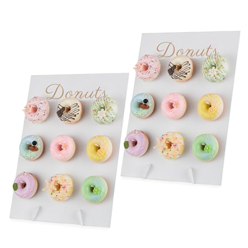 NUPTIO Donut Stand Wall Display: White Donuts Board 2pcs Wood Bagel Holder Reusable Sweet Treat Tower Rustic Doughnut Cake Stands for Party Wedding Birthday Bridal Baby Shower Decorations Supplies