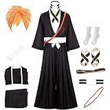 Kurosaki Ichigo Cosplay Costume Kurosaki Ichigo Cosplay Outfit Uniform Black Cloak Kimono Full Set(black01-WIG,S)