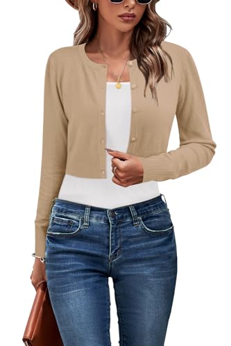 Newshows Cropped Cardigan Sweaters for Women 2026 Crew Neck Button Down Open Front Lightweight Knit Bolero Shrug Sweaters(Apricot, Medium)