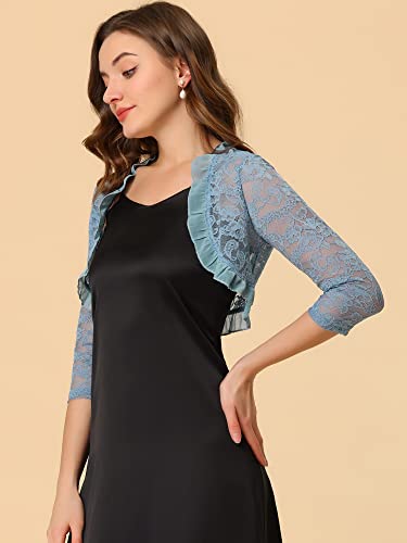 Image of Allegra K Women's Elegant Lace Cardigan Ruffle Collar Crop 3 /4 Sleeve Sheer Bolero Floral Lace Shrug Top