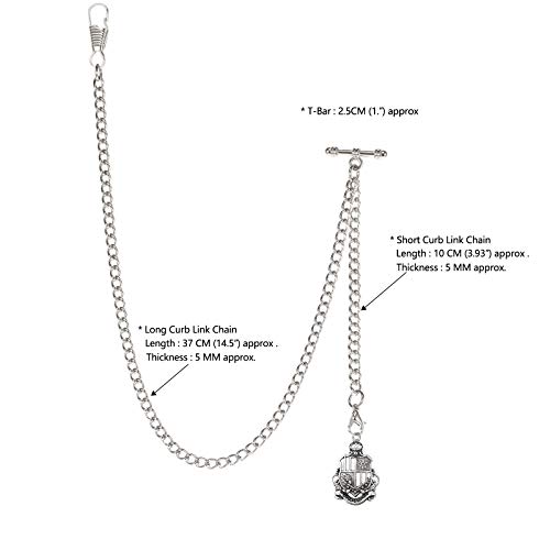 Treeweto Men's Albert Chain Pocket Watch Curb Link Key Chain 2 Hooks With Antique Shield Silver Pendant Design Charm Fob T Bar #TOP2