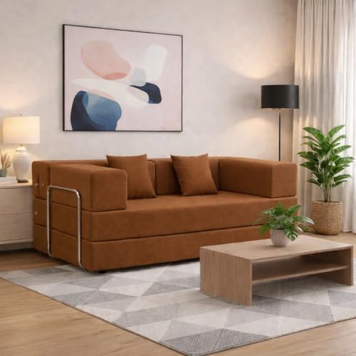 Image of Adorn India Easy Premium Modular 4 Seater Sofa Cum Bed | Velvet Suede Fabric | Colour Brown | Modern Design | Size 6x6 Fit | Comfortable for Seat & Sleep | Washable Cover | Perfect for Home & Office