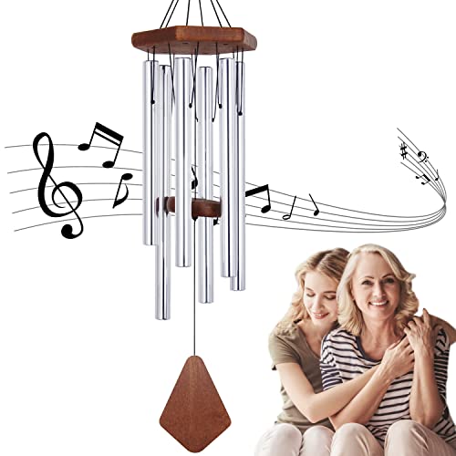 Memorial Wind Chimes for Outside, Wind Chime Outdoor Deep Tone, Sympathy Wind-Chime Personalized with 6 Tuned Tubes, Elegant Chime for Garden Patio Balcony and Home Silver