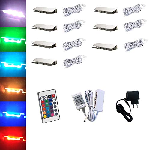 ACCE Lot de 7 éclairages LED, RVB, pour bord en verre, de vitrine, clip en verre, de qualité supérieure, miroir, en acier inoxydable