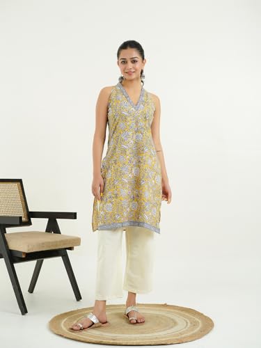 Image of GOODHAND Women Printed Cotton Kurti | Casual Long Kurta | Comfortable Ethnic Wear with Relaxed Fit
