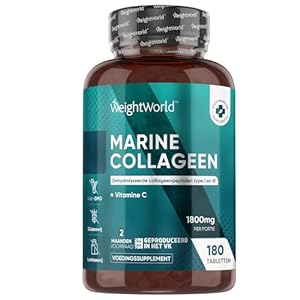 Collageen tabletten – 1800mg – Gehydrolyseerde Marine Collageen met Type 1 en 3 Peptiden – Verrijkt met Vitamine C – 180 tabletten voor 2 maanden voorraad – Hoog gedoseerd – van WeightWorld