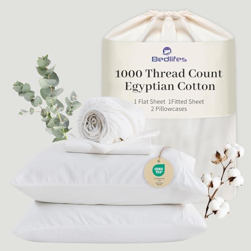 Bedlifes Egyptian Cotton Sheets 1000 Thread Count King Size, 4-Piece 16' Deep Pocket - Cooling & Breathable Ultra Soft Bedding for Hotel Comfort (White)