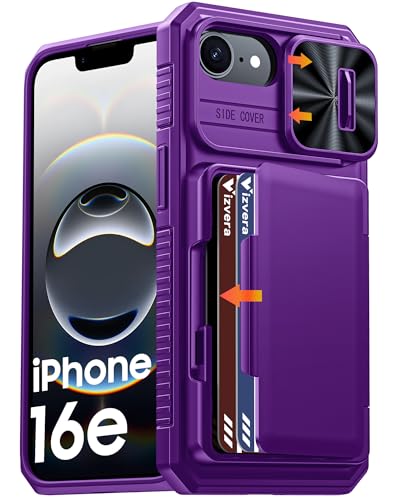 Vizvera for iPhone 16e / iPhone 17e Case Wallet RFlD [Cards Holder][Camera Control][Camera Cover] Full Body Rugged Shockproof Silicone Protective Phone Case for iPhone 16e/17e(Purple)