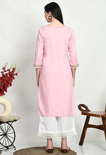 Image of QAZMI Women's Rayon Cotton Keyhole Neck Three-Quarter Sleeves Kashmiri Embroidered Straight Kurta