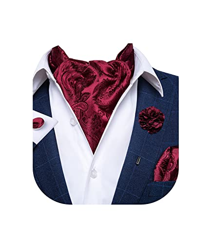 Image of DiBanGu Mens Silk Ascot Ties Paisley Jacquard Woven Cravat and Pocket Square Cufflinks with Lapel Pin for Business Wedding
