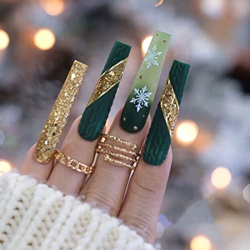 Daterkey 24 Uñas de Navidad con forma de ataúd de cristal, uñas postizas brillantes, copos de nieve de bosque de alce, uñas postizas largas a presión para mujeres y niñas (verde 1) Cover