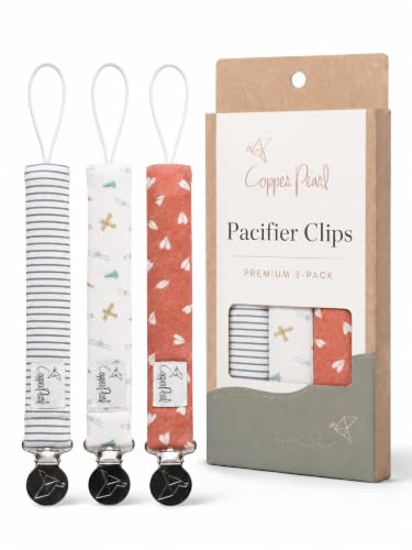 Image of Copper Pearl 3-Pack Pacifier Holders: Premium Knit Binky Clips for Baby Girls and Boys - Stylish Stainless Steel Design for Secure No-Drop Attachment - Ace