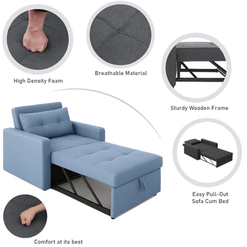 Image of Sleepify Tressia 1 Seater Pull-Out Premium Fabric Sofa Cum Bed Sofa Set for Living Room (Sky Blue Fabric)