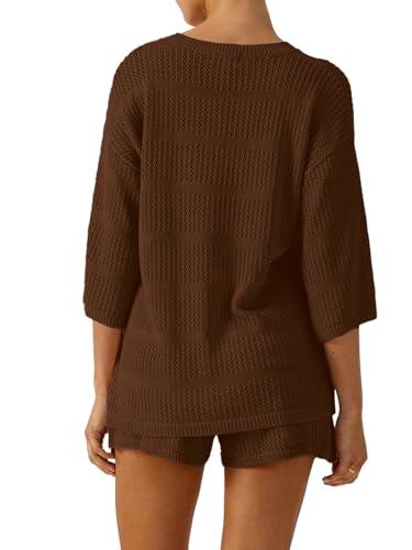 SuperPrity Swimsuit Coverup for Women Crochet Knit 3/4 Sleeve Two Piece Sets Summer Beach Outfits Bathing Suit Cover Up Set3