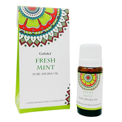 Goloka Aceite aromático - Fragancias naturales indias para aromaterapia, ambientador, difusor, lámpara aromática (10 ml, menta fresca)