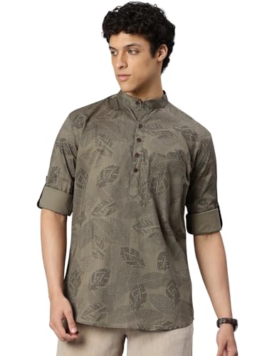 Image of Majestic Man Men's Pure Cotton Printed Mandarin Collar Regular Fit Roll-Up Sleeves Short Kurta