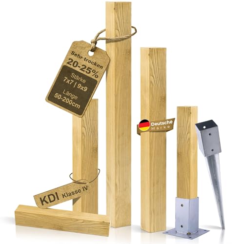 BooGardi Postes de madera impregnados - 18 tamaños - 7 cm x 7 cm x 80 cm - 1 pieza con base para atornillar - Postes cuadrados con cabeza plana - Pino - Vigas de madera cuadradas
