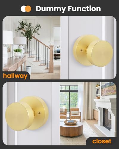 Image of Goldenwarm Gold Door Knobs Dummy, Zinc Alloy Keyless Brushed Gold Door Knobs for Closet and Bifold - Single Side Non Turning (2 Pack /4 Pieces)