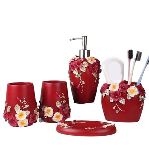 HWJFDC Set De Baño Botella de loción con diseño Floral en Relieve Rojo Resina Creativa, Vaso for Enjuague bucal, Soporte for Cepillo Dientes, jabonera for baño(6pcs Set)