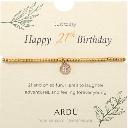 Ardú Aeon Happy Birthday Bracelet - Beaded Stainless Steel Bracelet with Heart Charm, Non-Tarnish & Sweatproof | Jewellery Gift for Daughter, Cousin, Friend & Sister (Gold - 21st)
