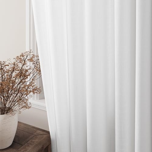 Image of White Linen Curtains 96 Inches Long for Living Room Sliding Glass Door Light Filtering Privacy Thick Sheer Curtain Modern Elegant Cotton Textured Grommet Gauze Window Drapes 2 Panels Set,52x96 8 FT